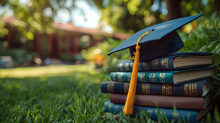 A graduation cap lying on a stack of textbooks, with a diploma and an academic building in the distance, symbolizing achievement and success