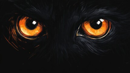 Close-up of a black cat's eyes with glowing amber pupils.