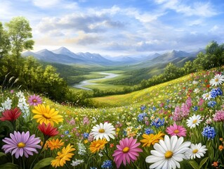 Obraz premium Panoramic View of Blooming Wildflowers Meadow with Distant River and Mountains