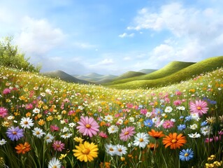 Obraz premium Sprawling Wildflower Field with Rolling Hills and Wide Open Sky