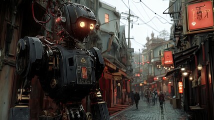 A Rusty Automaton Stands in a Rainy Asian City