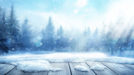 snowy Christmas background with blur effect with falling snowflakes on wood floor