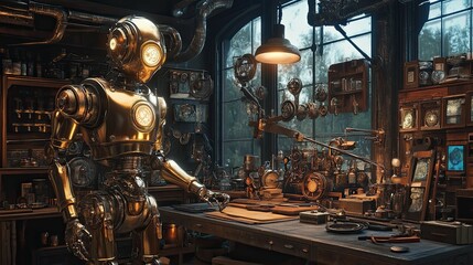 A Golden Robot in a Steampunk Workshop