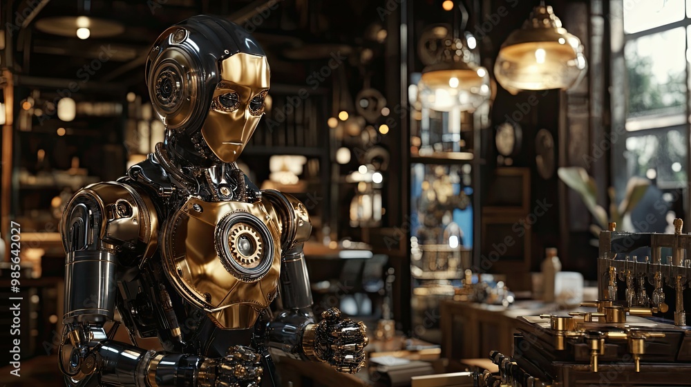 Aufkleber a steampunk robot in a workshop setting