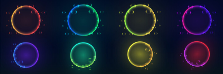Collection of neon glowing circles. Magic flare effect and futuristic modern neon glowing frames.