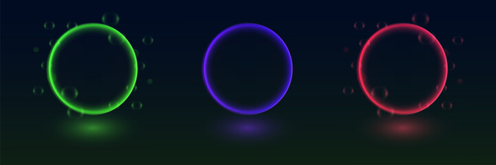 Collection of neon glowing circles. Magic flare effect and futuristic modern neon glowing frames.