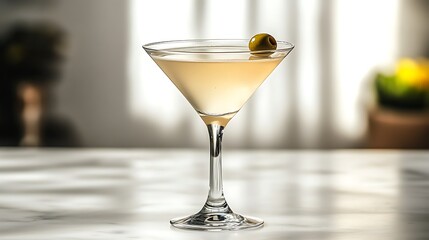 A classic Martini cocktail in a sleek martini glass, clear liquid garnished with an olive, set against a bright white background, minimalistic composition, soft lighting.  --ar 16:9 --no logo