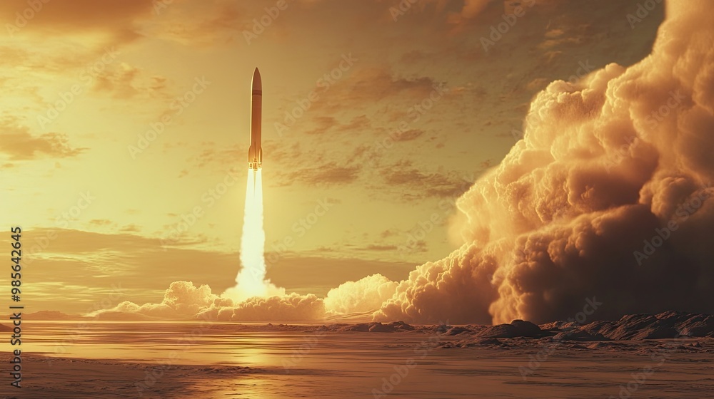 Poster a rocket launch sequence, showing the principles of propulsion and newton
