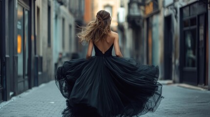 Woman in a black dress walking down a city street.