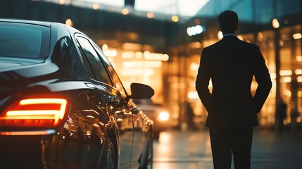 Naklejka premium Silhouetted businessman standing beside luxury car outside modern building, exuding confidence and elegance at twilight.