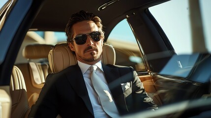 A stylish man in a suit sits confidently in a luxury car with sunglasses, exuding charisma and sophistication.