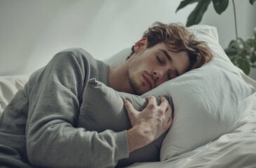 Obraz premium A man is sleeping on his side with a stuffed animal and a pillow. He is wearing gray pajamas with a hood, against a white background. Advertising stock photo. Close-up of both hands holding a pillow.