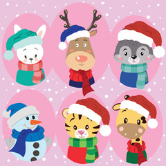 Portraits of animals in Santa Claus Christmas Hats