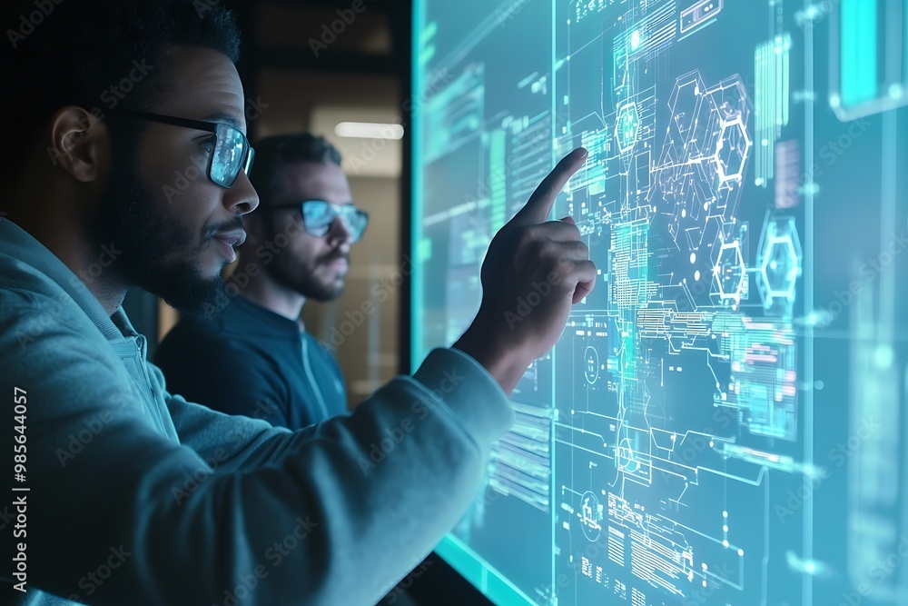 Poster high-tech war room session with it team mapping ai security strategies.