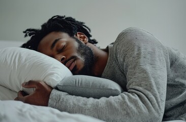 A man is sleeping on his side with a stuffed animal and a pillow. He is wearing gray pajamas with a hood, against a white background. Advertising stock photo. Close-up of both hands holding a pillow.
