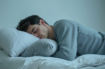 A man is sleeping on his side with a stuffed animal and a pillow. He is wearing gray pajamas with a hood, against a white background. Advertising stock photo. Close-up of both hands holding a pillow.