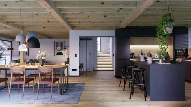 CGI Camera move through a european modern living room interior with kitchen, wooden ceiling beams, wooden parquet floor and big windows with garden view