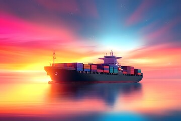 Obraz premium Cargo Ship at Sunset on the Ocean with Colorful Sky