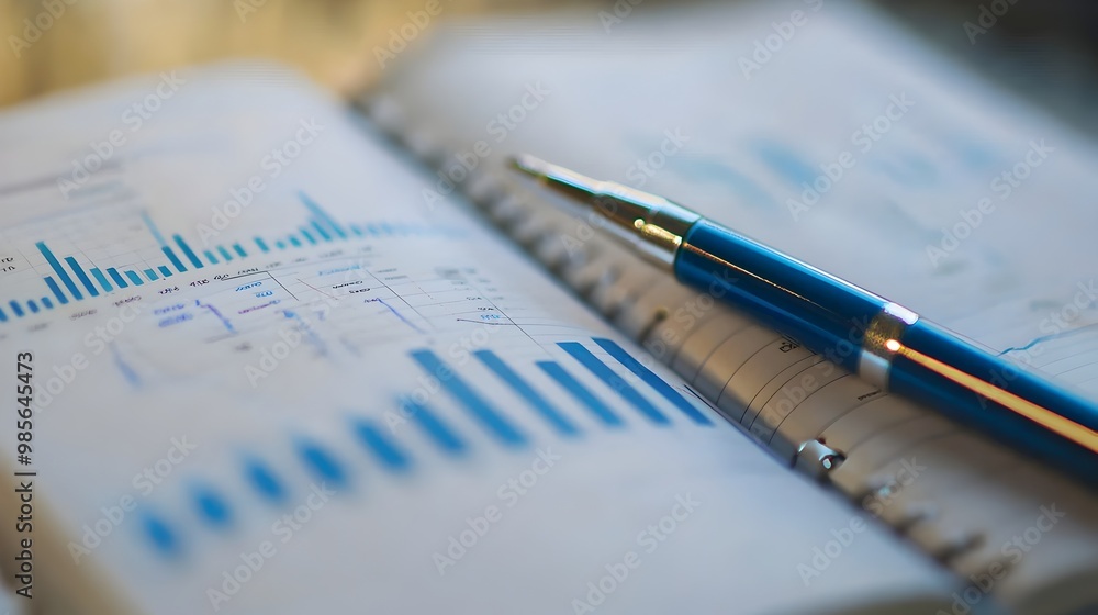 Poster analytical insights captured in an open notebook with a financial graph and pen