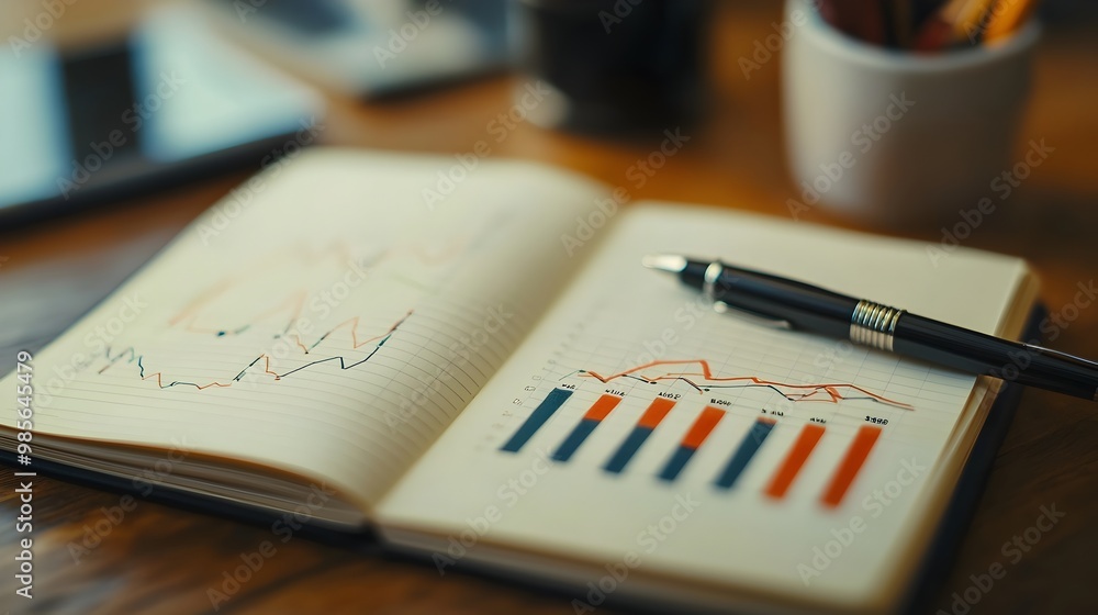 Poster open notebook with financial graph and pen,representing business analysis and future planning