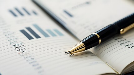 Open Notebook with Financial Graph and Pen Representing Business Analysis and Strategic Planning