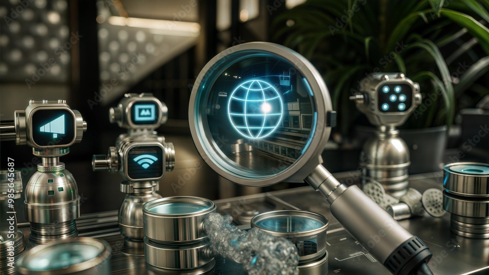 Poster futuristic technology laboratory with ai robots and virtual interface for global data analysis