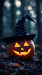 Naklejka premium Jack o lantern With Witch Hat In Dark Forest