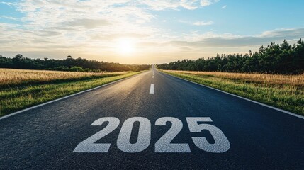 A straight road with "2025" written on the asphalt, disappearing into a bright horizon, symbolizing the journey toward success and positivity.