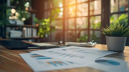 Stacked Business Reports and Data Visualizations on Wooden Desk Symbolizing Corporate Analysis and
