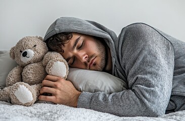 A man is sleeping on his side with a stuffed animal and a pillow. He is wearing gray pajamas with a hood, against a white background. Advertising stock photo. Close-up of both hands holding a pillow.