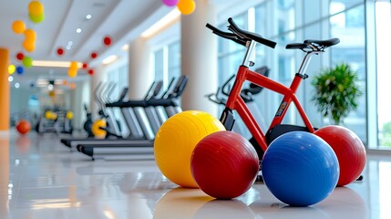 A modern fitness studio is filled with exercise balls and stationary bikes, inviting movement and energy.