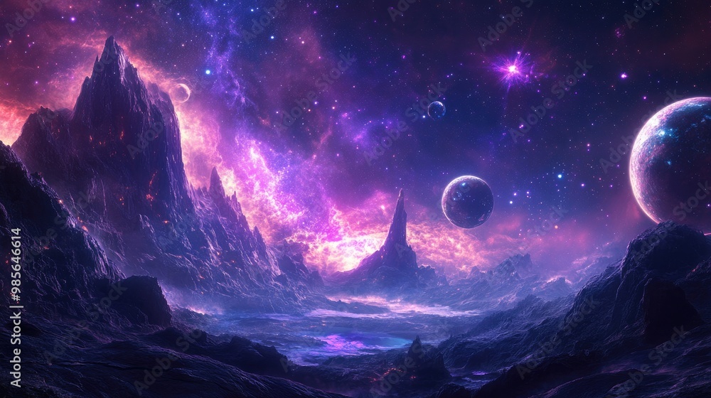 Poster a surreal space journey through abstract glowing landscapes, with stars and celestial objects in the