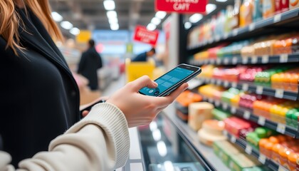 Woman using a smartphone while shopping in a supermarket aisle