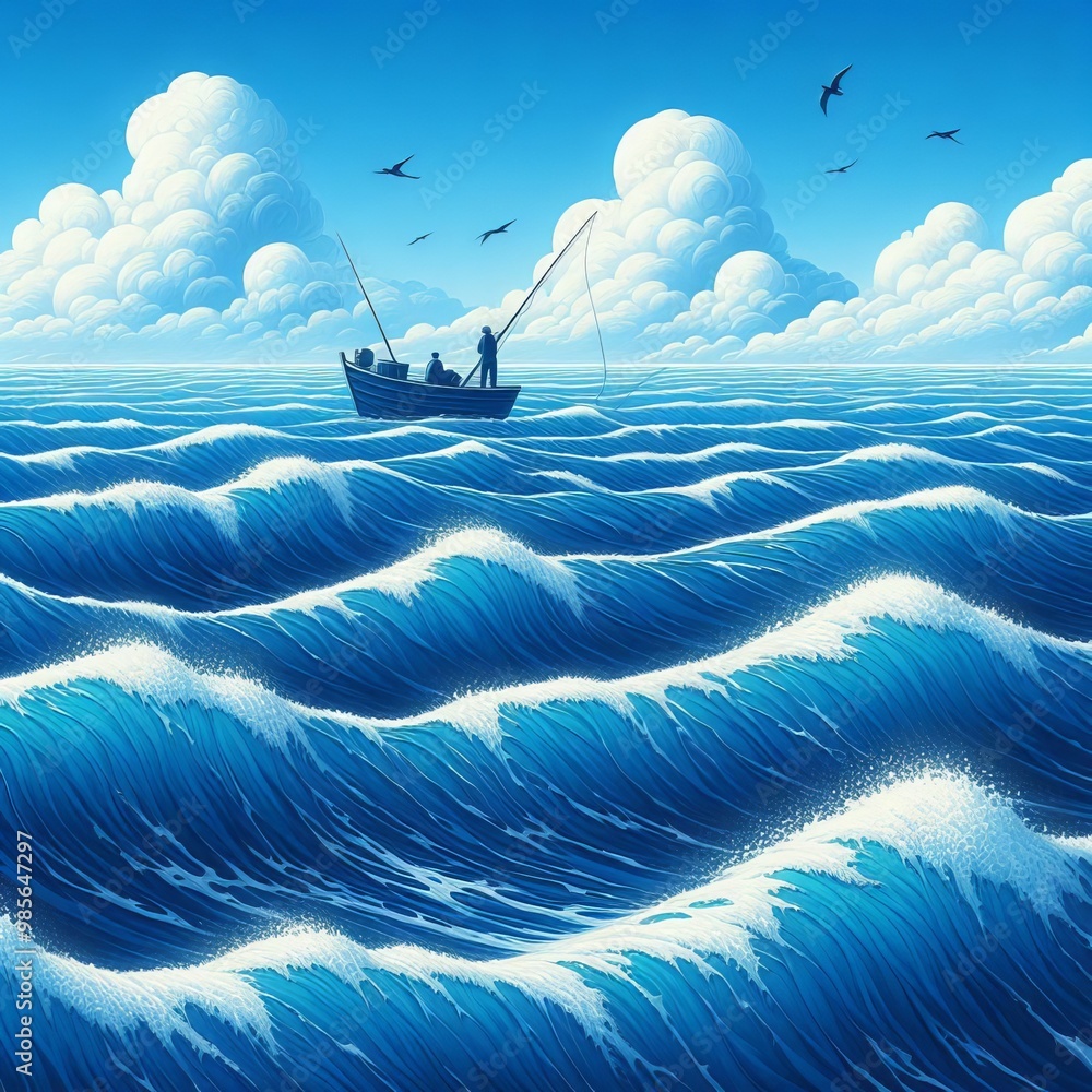 Poster a calm and striking ocean scene with deep blue waves rippling under a bright sky. fishermen in a sma