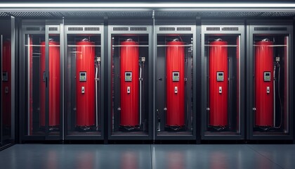 Fototapeta premium Server room with six red fire suppression systems in glass-enclosed cabinets