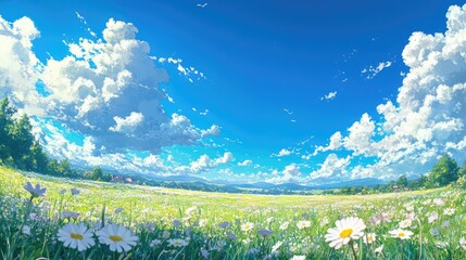 Obraz premium A tranquil anime landscape with a field of wildflowers under a brilliant blue sky, symbolizing the peacefulness of nature.