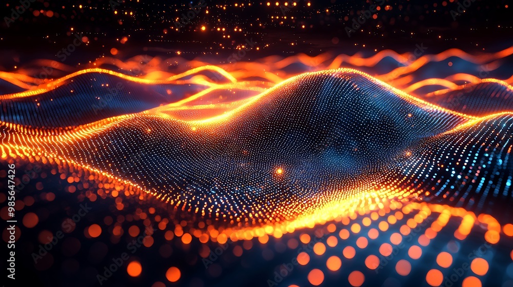 Poster abstract orange and blue glowing lights form a mesmerizing bokeh effect in a 3d render.