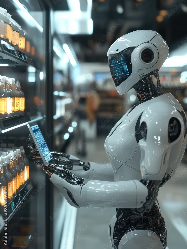 Poster a futuristic shop where robots assist customers in finding their perfect purchase ai_generated