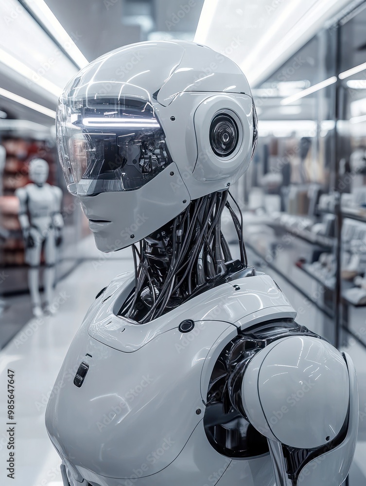 Poster a futuristic shop where robots assist customers in finding their perfect purchase ai_generated