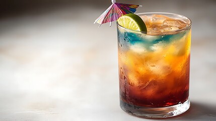 A colorful Mai Tai cocktail in a clear glass, tropical tones, garnished with a cocktail umbrella and lime wedge, on a white background, bright lighting, tropical summer vibes.  --ar 16:9 --no logo