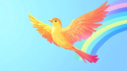 Obraz premium A colorful bird flies above a rainbow on a blue background.