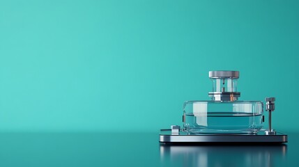 Glass Apparatus with Liquid on a Base Against a Teal Background