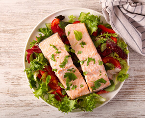 Steamed salmon with salad