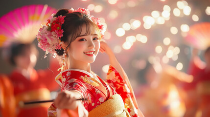 Beautiful Young Woman in Traditional Japanese Kimono with Flower Decorations Smiling at the Camera