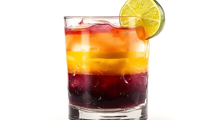 A colorful Tropical Rum Punch cocktail in a clear glass, layers of orange, yellow, and red, garnished with a lime wedge and cocktail umbrella, set against a clean white background,