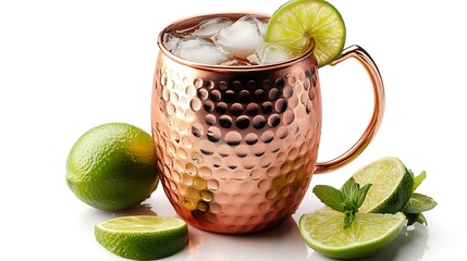 A copper mug filled with a Moscow mule cocktail, ice cubes and lime garnish, reflective metallic textures, on a white background, studio lighting, crisp and cool aesthetic.  --ar 16:9 --no logo