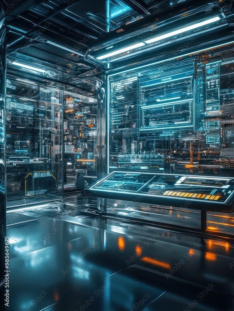 Poster a visual depiction of an advanced digital interface system within a futuristic shop environment