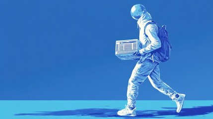 Futuristic man with a globe head wearing a backpack walks with a device in his hands on a blue background.