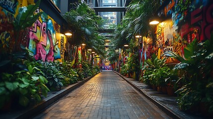 Fototapeta premium A striking urban jungle scene featuring colorful graffiti and vibrant plant life, bold spray-paint patterns harmonizing with lush greenery,