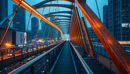 Fototapeta premium A pedestrian bridge with an orange wooden structure and a view of a city skyline at night